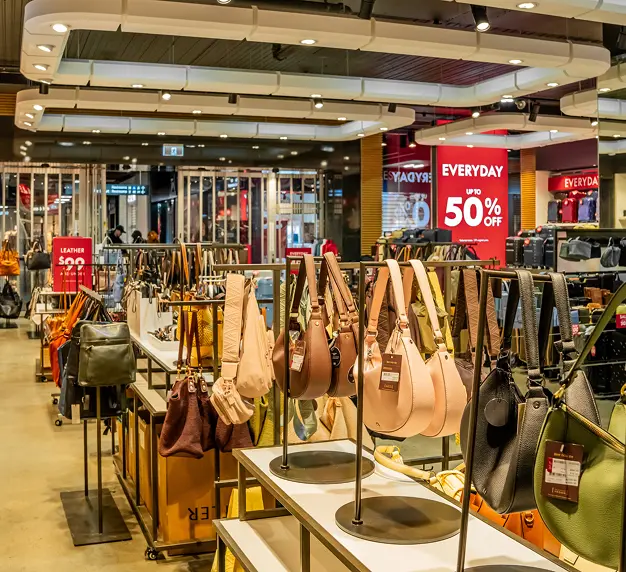 Retail store fitout with shelving and display units for organised handbag merchandising and sales